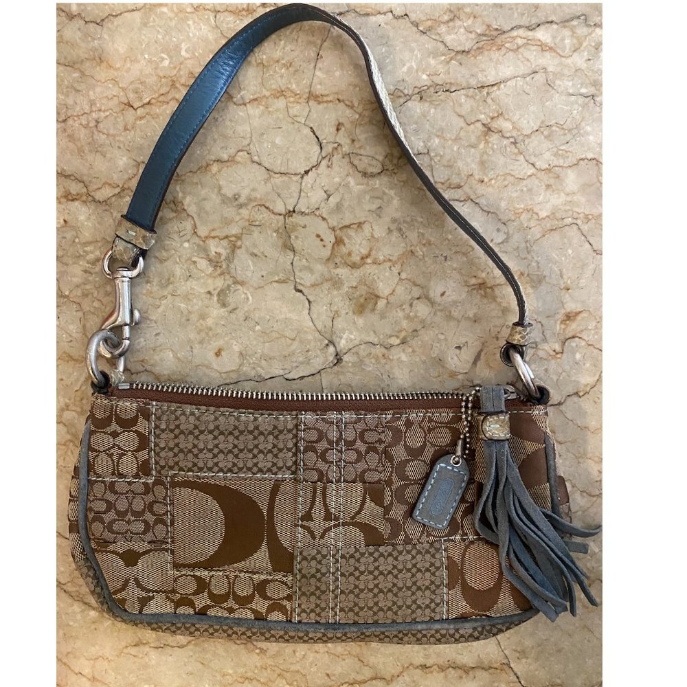 Authentic Coach Logo Small Purse, Tan with Blue Leather Strap